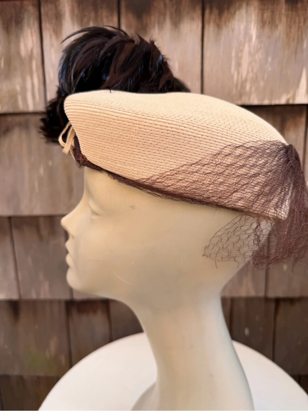 Vintage faux straw beige pillbox hat bows & brown feathers accent tassels 21.5”.